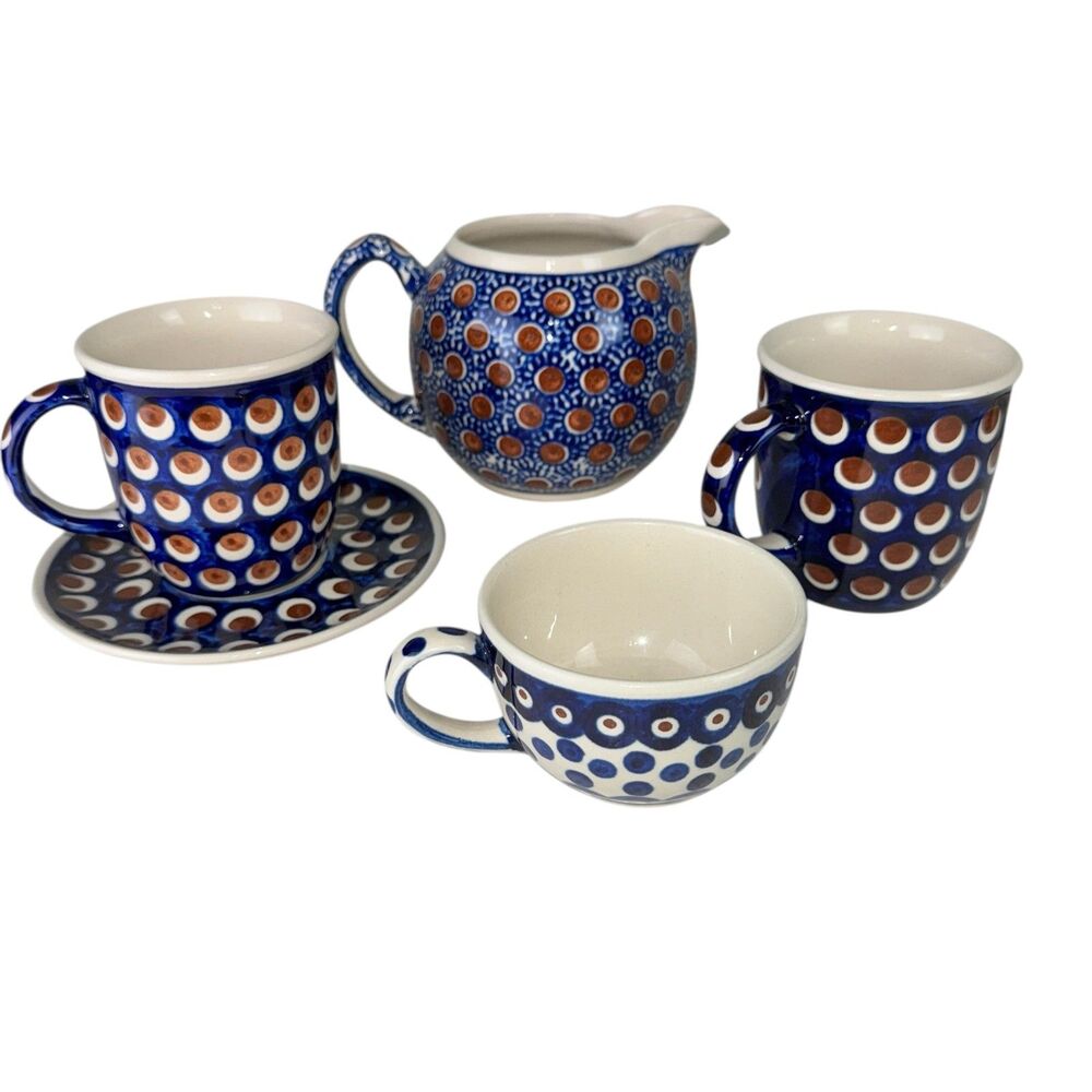 Boleslawiec Polish Pottery Set Of 5 Stoneware‎ Pot 3 Mugs Saucer